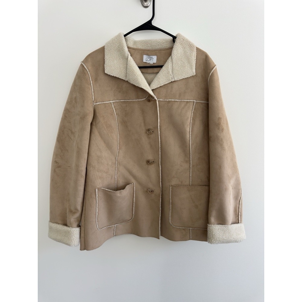 Ann Taylor LOFT Faux Shearling Suede Coat Tan Sherpa Lined Button Front XL 0126